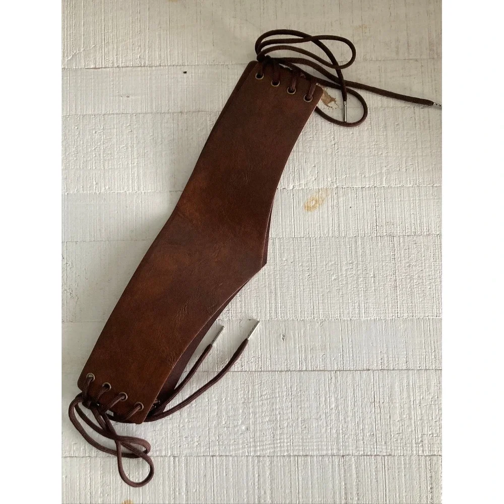 Brown Wide Waist Corset Lace Up Faux Leather Belt Statement Ren Faire Size M/L